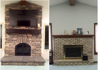 wood burning fireplace with custom stone surround and floating wooden mantel